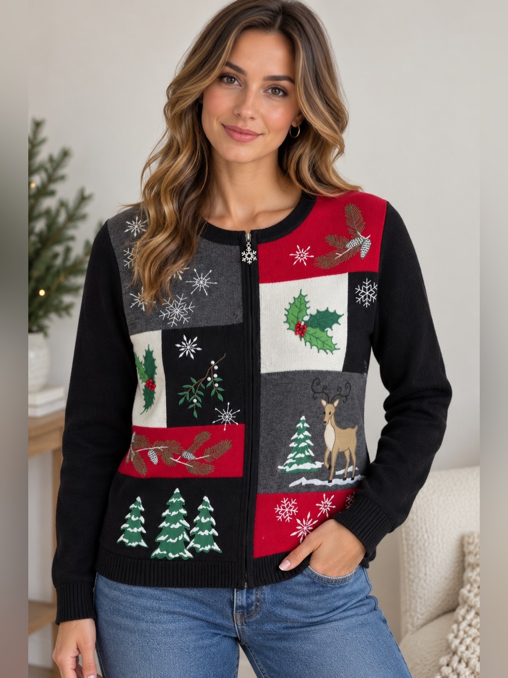 Vintage Breckenridge Women’s Christmas Patchwork Reindeer Zip Cardigan Size M